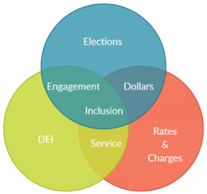 Venn diagram of elections, DEI, and rates and charges